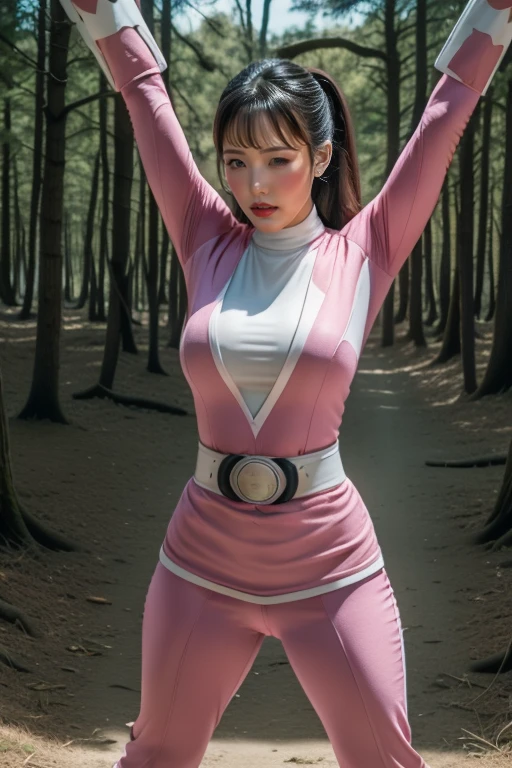 pink theme,pink ranger suit、curvy, big breats, full body, tied on Saint Andrew's cross in X position, screaming in pain, crying, eyes are closed tight