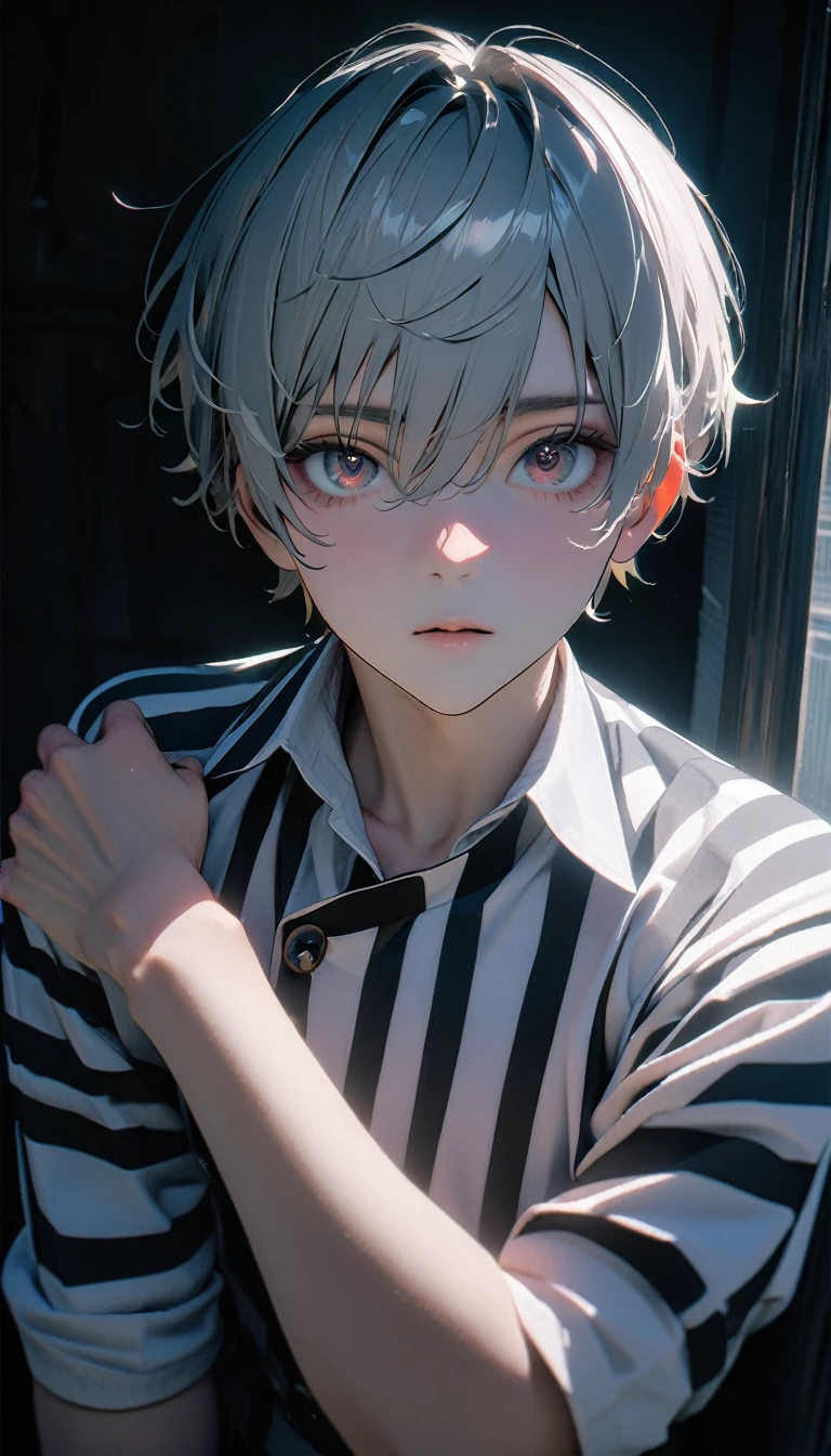 (8K, RAW photos, best quality, masterpiece: 1.4), (((Boy looking at his arm)))，Ultra-high resolution, Extremely detailed, light, Upper body close-up, handsome boy, black eyes, (delicate eyes, Eyes are bright:1.2), Gray short hair, Fair skin,dark, Black and white striped prison uniform,Black and white striped prison pants,(perfect anatomy:1.2), High-quality shadows, Natural Lighting, (White highlights:1.2), night, cloudy day, (Dark room:1.2), (White lines on arms:1.2)