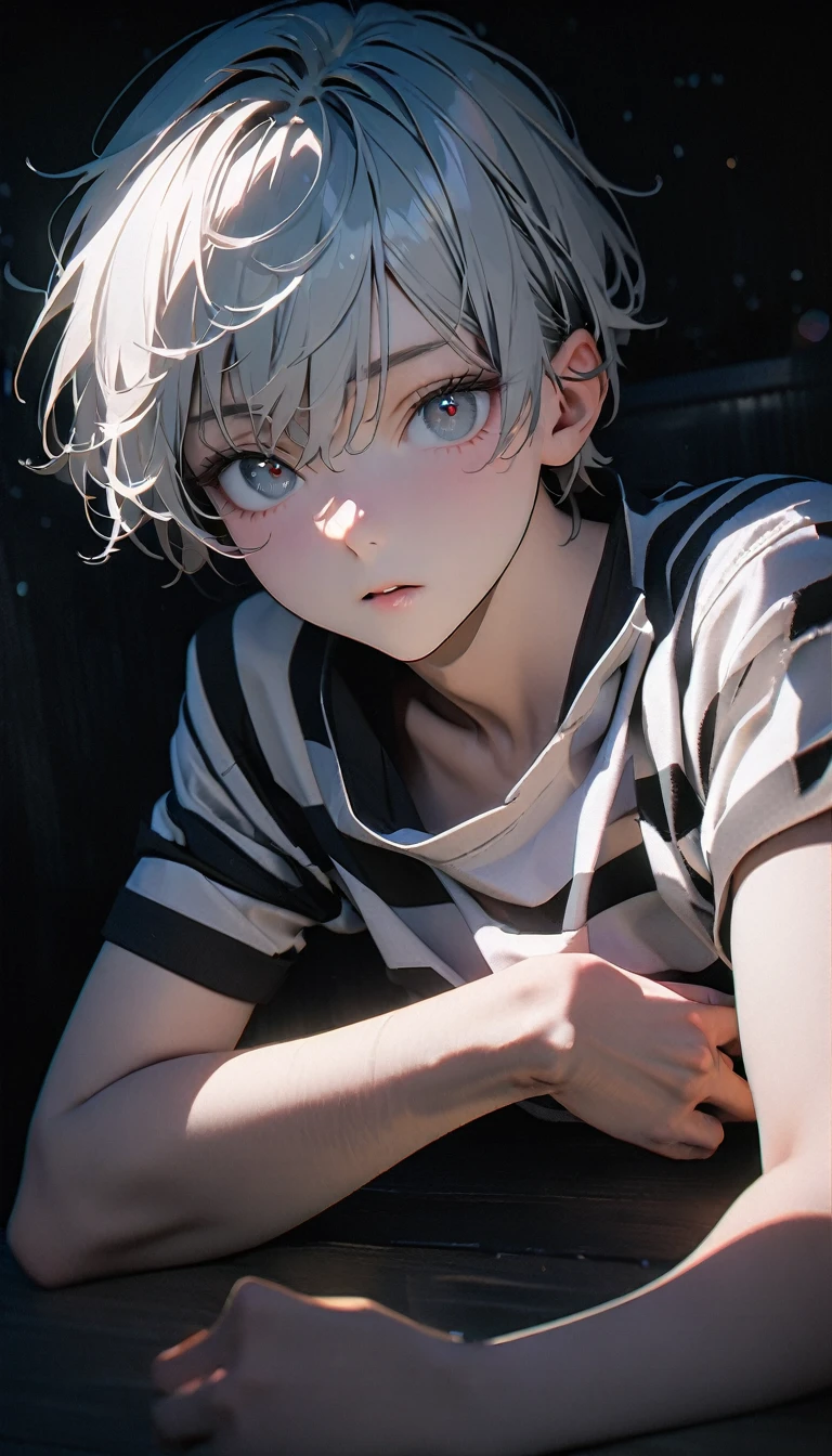 (8K, RAW photos, best quality, masterpiece: 1.4), (((Boy looking at his arm)))，Ultra-high resolution, Extremely detailed, light, Upper body close-up, handsome boy, black eyes, (delicate eyes, Eyes are bright:1.2), Gray short hair, Fair skin,dark, Black and white striped prison uniform,Black and white striped prison pants,(perfect anatomy:1.2), High-quality shadows, Natural Lighting, (White highlights:1.2), night, cloudy day, (Dark room:1.2), (White lines on arms:1.2)