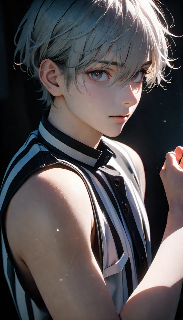 (8K, RAW photos, best quality, masterpiece: 1.4), (((Boy looking at his arm)))，Ultra-high resolution, Extremely detailed, light, Upper body close-up, handsome boy, black eyes, (delicate eyes, Eyes are bright:1.2), Gray short hair, Fair skin,dark, Black and white striped prison uniform,Black and white striped prison pants,(perfect ???????:1.2), High-quality shadows, Natural Lighting, (White highlights:1.2), night, cloudy day, (Dark room:1.2), (White lines on arms:1.2)