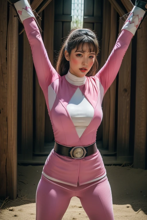 pink theme,pink ranger suit、curvy, big breats, full body, tied on Saint Andrew's cross in X position, screaming in pain, crying, eyes are closed tight