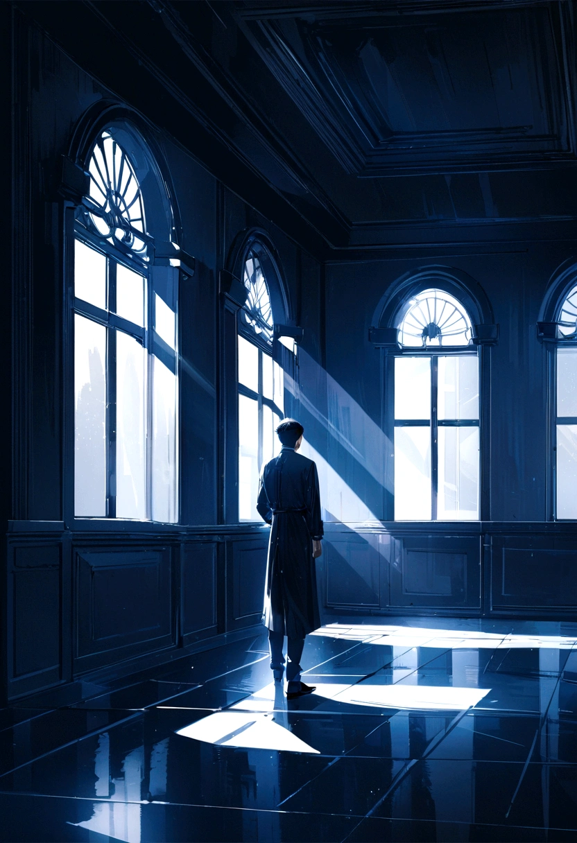 A man standing near a window in the centre of a empty room, light rays falling on him and light rays falling on the room floor,digital art, navy blue theme, detailed,textured,high quality,4k