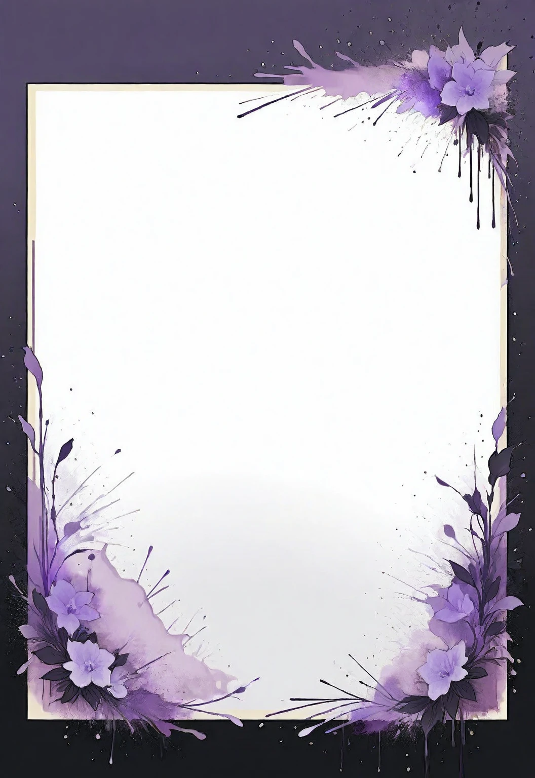 A card border UI，Modern urban minimalist style，Suspense style，Profile Style。Leave a square blank space in the middle，Parchment backing，There are blood stains on it。Black and White、yellowish、Lilac main color。