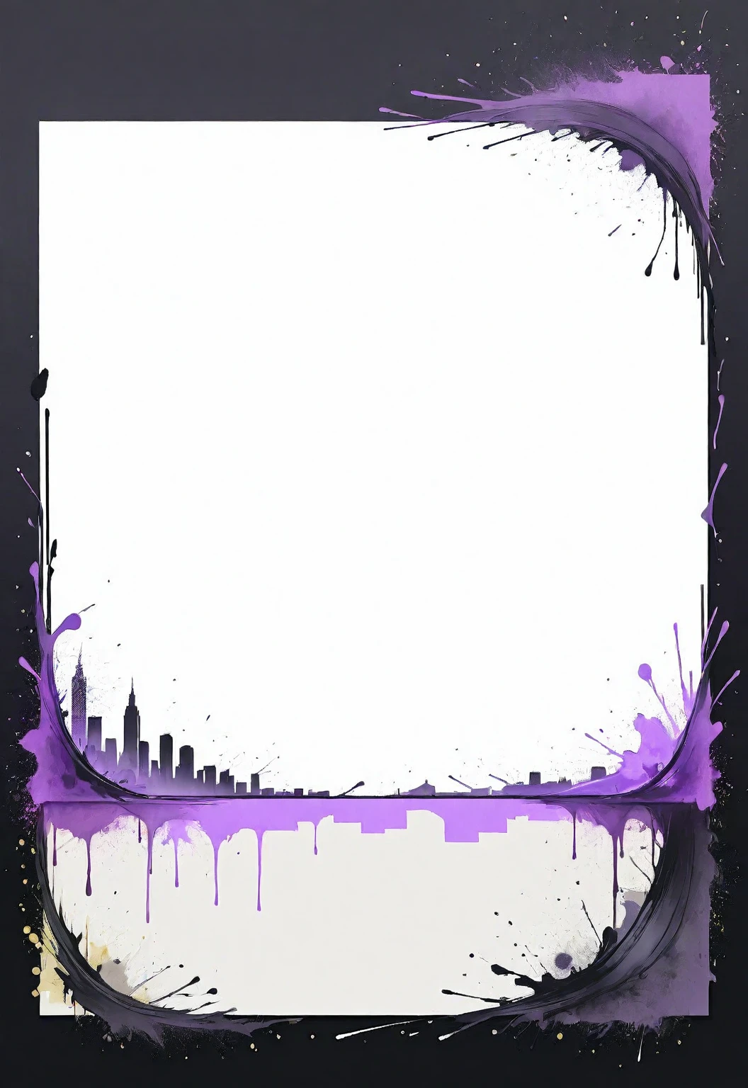 A card border UI,Modern urban minimalist style,Suspense style,Profile Style。Leave a square blank space in the middle,Parchment backing,There are blood stains on it。Black and White、yellowish、Lilac main color。