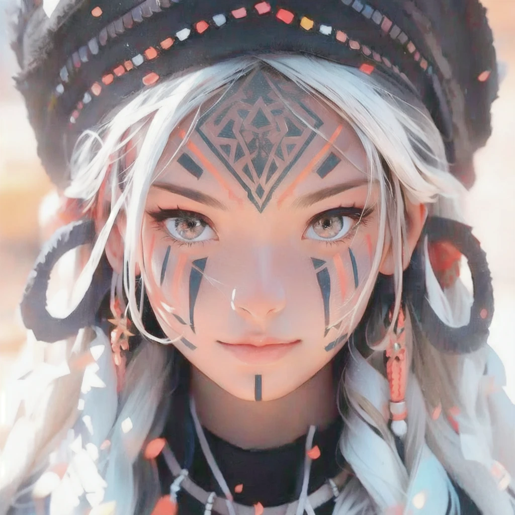 There's a woman with face paint and a headdress, beautiful digital artwork, Amazing digital illustrations, Cool animated face portraits, Highly detailed fantasy character, Great digital art with great details., detailed matte fantasy portrait, digital fantasy art ), Beautiful digital illustration, trending digital fantasy art, cute detailed digital art, Brilliant digital art, Complex and colorful animation CGI style