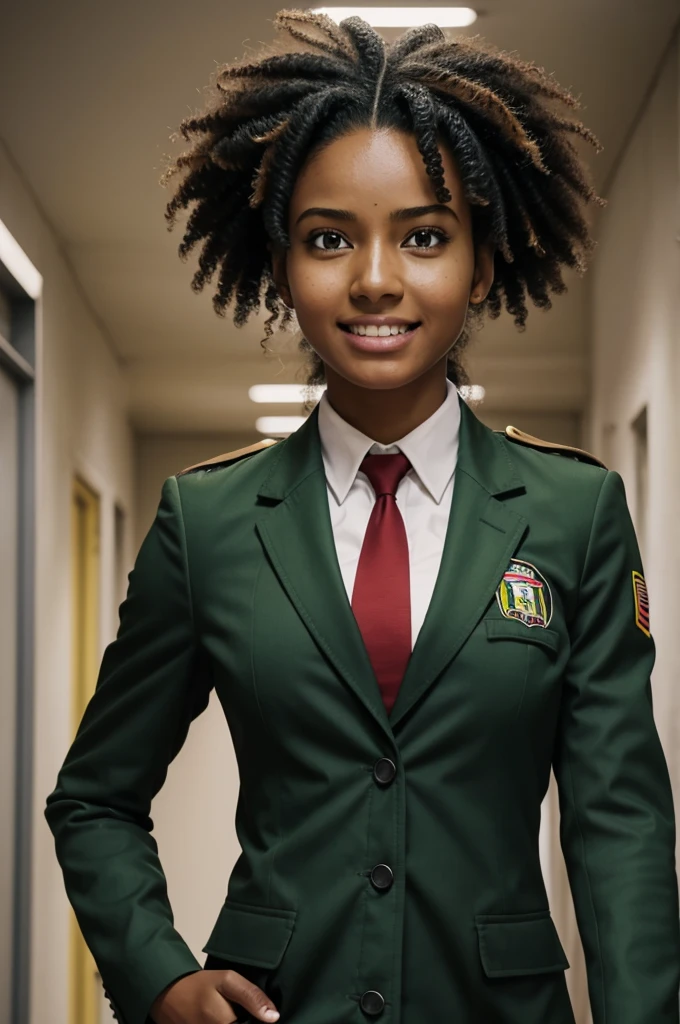 Screenshot Bolivia no hero academia, pretty woman with brown skin, with black hair with long curly blonde, green eyes, angry and happy expression at the same time, uniform gray jacket and red tie, walking, background school hallways looking at camera from below, low angle 