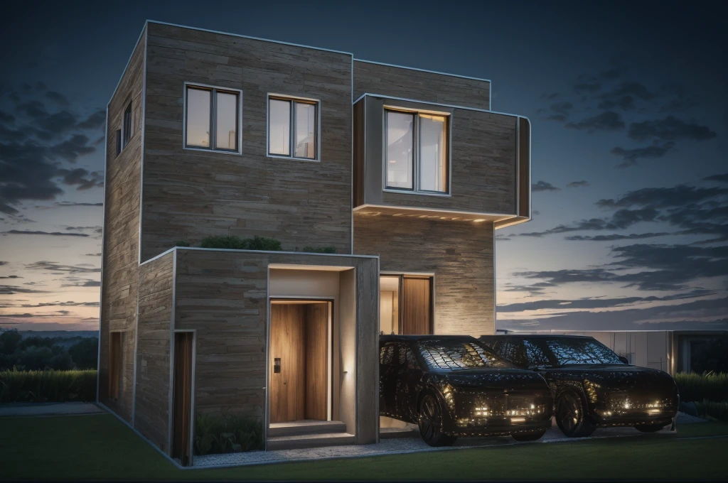 photorealistic, modern house,facade,modern,512k,high detailed, photoreal, award winning, large glass window on the right side, grass, plants, trees, evening, interior lights,(( travertine stone façade)) two cars in porch, wooden door entrance, steps marble,
award winning, extremely detailed,