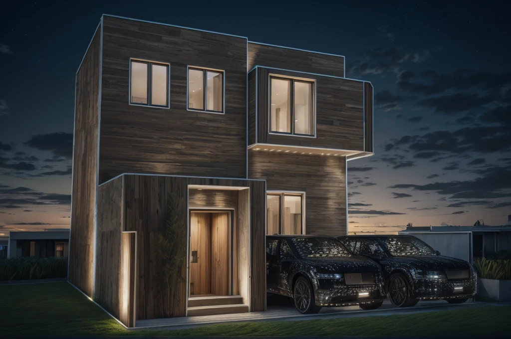 photorealistic, modern house,facade,modern,512k,high detailed, photoreal, award winning, large glass window on the right side, grass, plants, trees, evening, interior lights,(( travertine stone façade)) two cars in porch, wooden door entrance, steps marble,
award winning, extremely detailed,