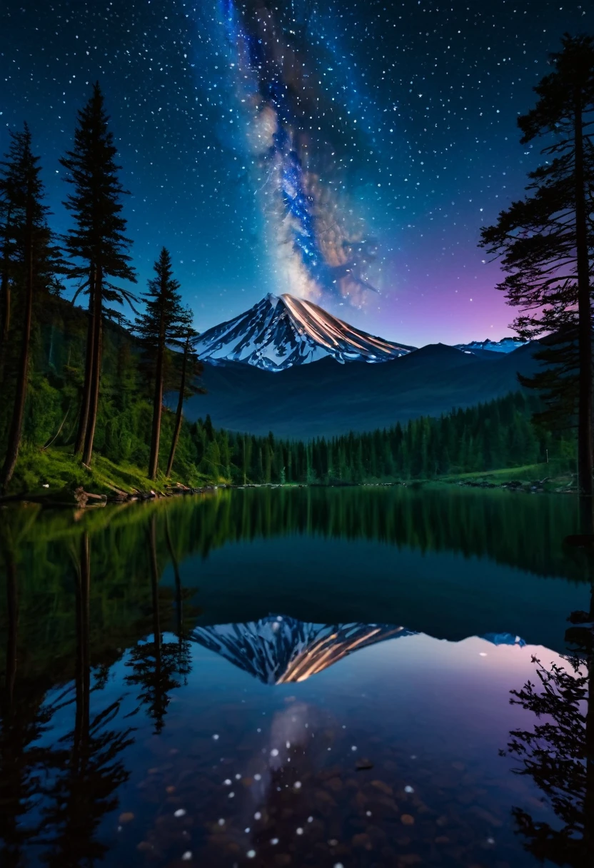 Fantastic wild world in 8K high definition,
under the starry sky, at the edge of a crystal clear lake, a cozy tent, illuminated by the warmth of a fire, beckons travelers. A dense forest strewn with stars spreads around, and the Milky Way, as if inviting you to a space journey, shines brightly in the sky. The deep blue and purple shades of the night, diluted with the warm light of the fire, a flock of fireflies fluttering around the tent, and the reflection of the stars in the surface of the lake and the twinkling stars create an atmosphere of grandeur and tranquility. The snow-capped mountain peaks are barely visible in the distance, and the silence of nature is disturbed only by the crackling of a fire, the singing of crickets and the distant roar of a waterfall.