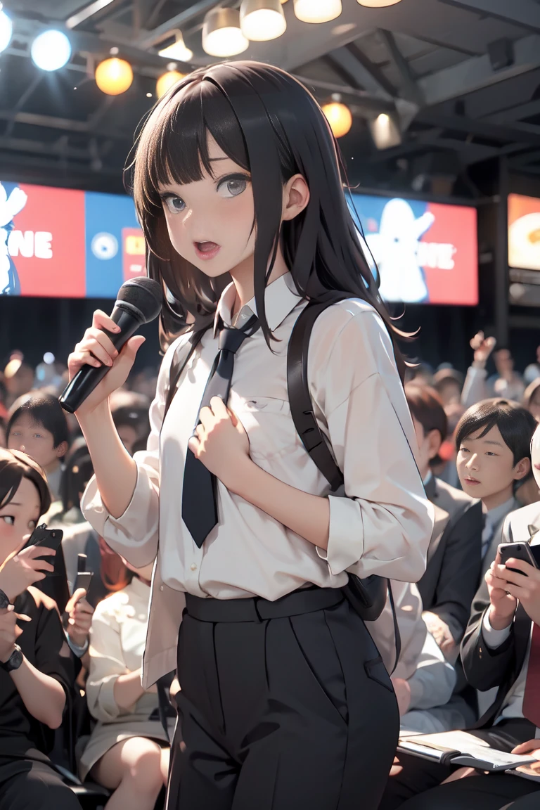 Photo of a cute and handsome 41 year old man , No tie、Summer cutter、slacks、Tokyo Streets、Holding a microphone in front of the station, he shouted &quot;nice vote!&quot;、Shaking hands with many in the audience、Other audience members are taking photos with their smartphones.