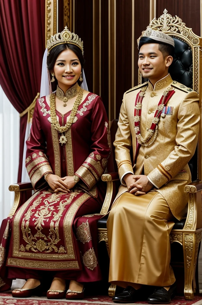 high quality, best quality, photo-realistic, raw-photo, ultra-detailed, High definition, masterpiece, intricate details, detailed texture, finely detailed, portrait of a bride and groom from Indonesia, Javanese ethnicity, The bride and groom wore traditional Javanese wedding clothes, Javanese kebaya is red
