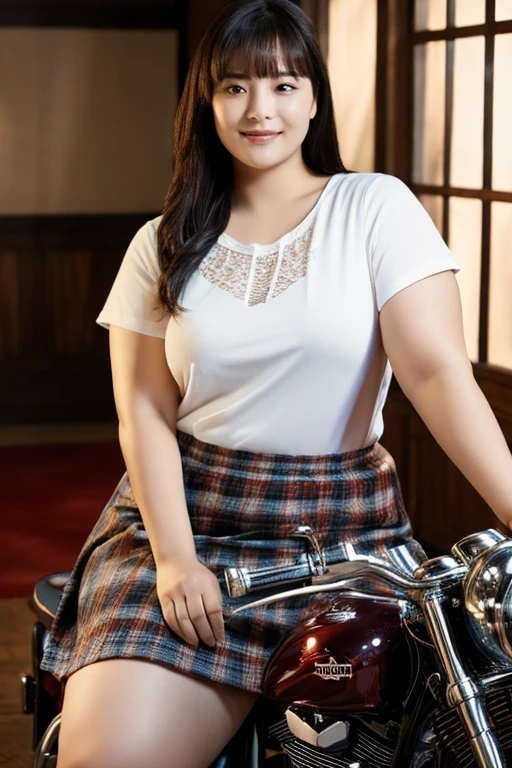Medium Size Display, Full Body Shot, Depth of the written border, bust, Upper Body, Movie angle, masterpiece, Highest quality, Very detailed, CG, 8k wallpaper, Beautiful Face, Delicate eyes, Otome, alone, smile,Red knitted shirt,skirt,Riding a motorcycle、Overweight, Very fat, Chubby,4K, High resolution, masterpiece, Highest quality, Fine skin, Sharp focus, (Cinema Lighting)