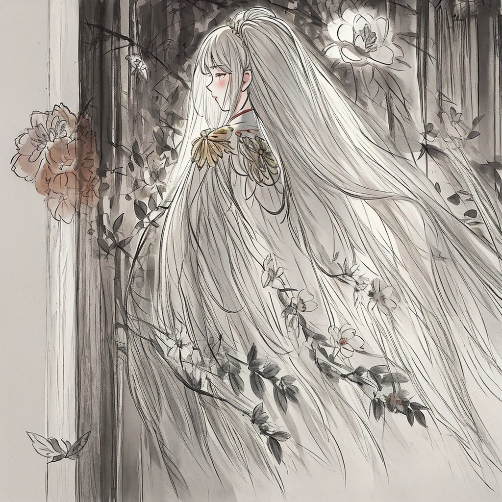 masterpiece,best quality,Extremely detailed,Extremely delicate and beautiful,girl,blush,dress, Elongated hair,Back,antiquity,sketch