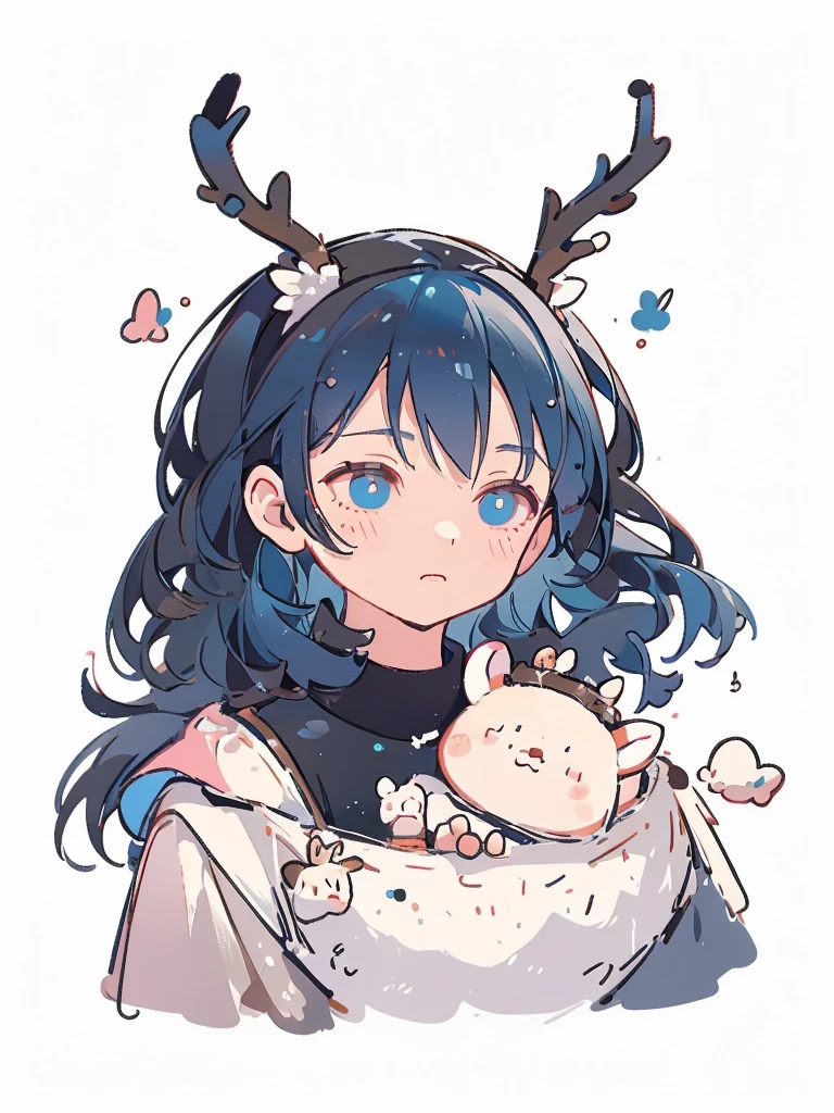 bust-up, 1boy, dark blue hair, deer ears, white deer antlers, black compression shirt, white fur jacket, calm expression, splash background, solo, sketch, portrait, simple background