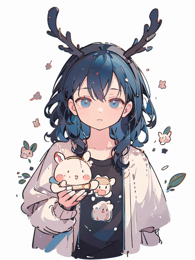 bust-up, 1boy, dark blue hair, deer ears, white deer antlers, black compression shirt, white fur jacket, calm expression, splash background, solo, sketch, portrait, simple background