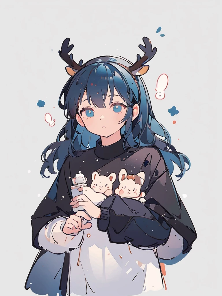 bust-up, 1boy, dark blue hair, deer ears, white deer antlers, black compression shirt, white fur jacket, calm expression, splash background, solo, sketch, portrait, simple background