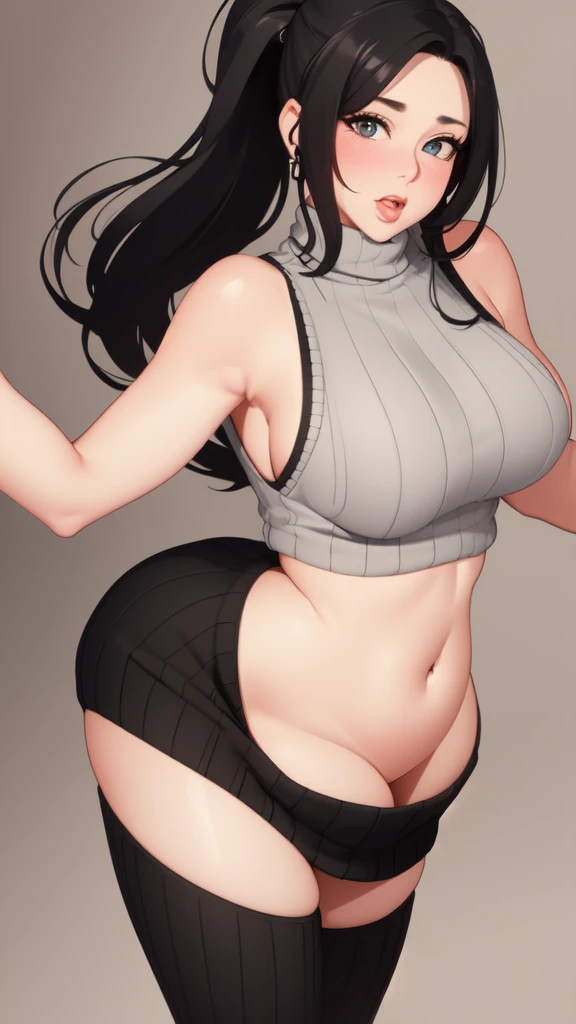 (Very sensual, Big Ass, Thick legs, Very realistic, Very sexy, 8K, Extremely detailed 8K), (Very delicate and beautiful), (masterpiece), (Better Quality: 1.0), (Ultra-high resolution:1.0),(masterpiece, Highest quality), One person,40 years old,cute,blush,orgasm,Pouting mouth,ponytail,black hair,virgin killer sweater, (sweater dress:1.2), ribbed sweater,sideboob,cleavage cutout, turtleneck sweater,(broen sweater:1.3),(crop top navel:1),sleeveless,full body,from front,huge breasts,leaning forward,breast hold