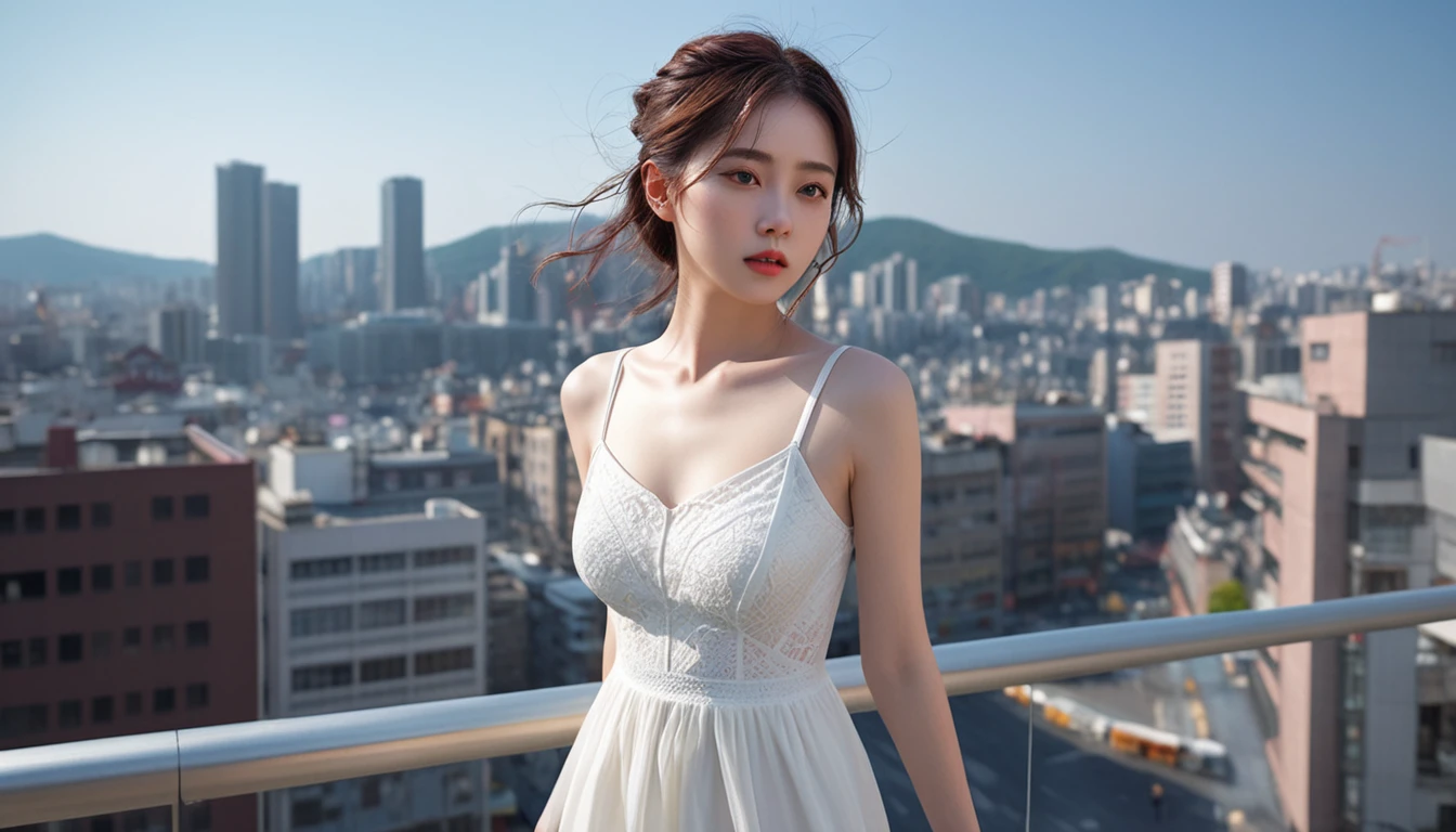 (1 woman:1.3), alone, ((Very detailed face)), ((very detailed 눈과 얼굴)))), beautiful 디테일의 눈, full body body parts, official art, Integrated 8K wallpaper, very detailed, beautiful and beautiful, beautiful, masterpiece, best quality, original, masterpiece, very nice photo, best quality, ultra high resolution, realistic realism, sunlight, full body portrait, amazing beauty, dynamic pose, delicate face, lively eyes, (from the front), she wears a dress, red and black color scheme, very detailed 도시 지붕 배경, rooftop, city view, detailed face, Detailed complex busy background, very cool, milk white, very detailed 피부, realistic skin details, visible pores, clear focus, 8k upscale, dslr, high quality, film grain, fair skin, photo realism, lomography, Futuristic dystopian megacity, transparent
