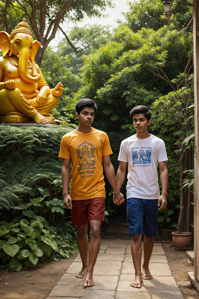 20 year old boy walking and holding hand with Lord Ganesha, boy is bare feet wearing saffron T-shirt with name" xaz_25 written boldly, environment is gorgeous, background is garden, both are in focus, ultra clear, hyper detailed Image, Ganesh ji and boy looking ahead and both are of same height