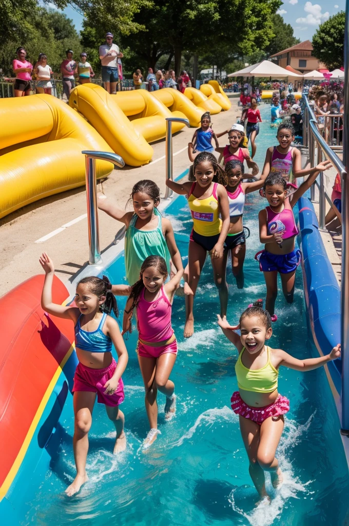 italy. Create a highly realistic scene of a Italian girl surrounded by younger children as they enter a water sports center on a sunny day. The group heads towards the entrance, full of excitement and anticipation.
The 13-year-oldirlnds ahe head of the group, leading them with a cheerful and cheerful attitude. She has shoulder-length brown hair tied in a ponytail and is wearing a bright t-shirt and athletic shorts. Her eyes are wide with excitement as she points to the entrance, encouraging the children to follow her.
The children, aged between 5 and 10, are a mix of boyand girls, all dressed in colorful swimsuits. Their outfits vary in hue, creating a vibrant and dynamic color palette. The children laugh, chat and some enthusiastically point towards the impressive water slides visible in the distance.
The backdrop shows the lively entrance to the water sports centre, with tall, twisting water slides, splash pads and play areas. The entrance is lively, with other visitors and families making their way into the park, adding to the sense of excitement. Banners and signs welcoming guests to the water park help create a festive atmosphere. Bright sunlight illuminates the scene, casting shadows and highlighting the vibrant colors of their clothing and the features of the park.
The scene captures the joyous moment of arrival, with the girl at the forefront leading her group on the adventure, while the younger children express joy and anticipation for the fun that awaits them.