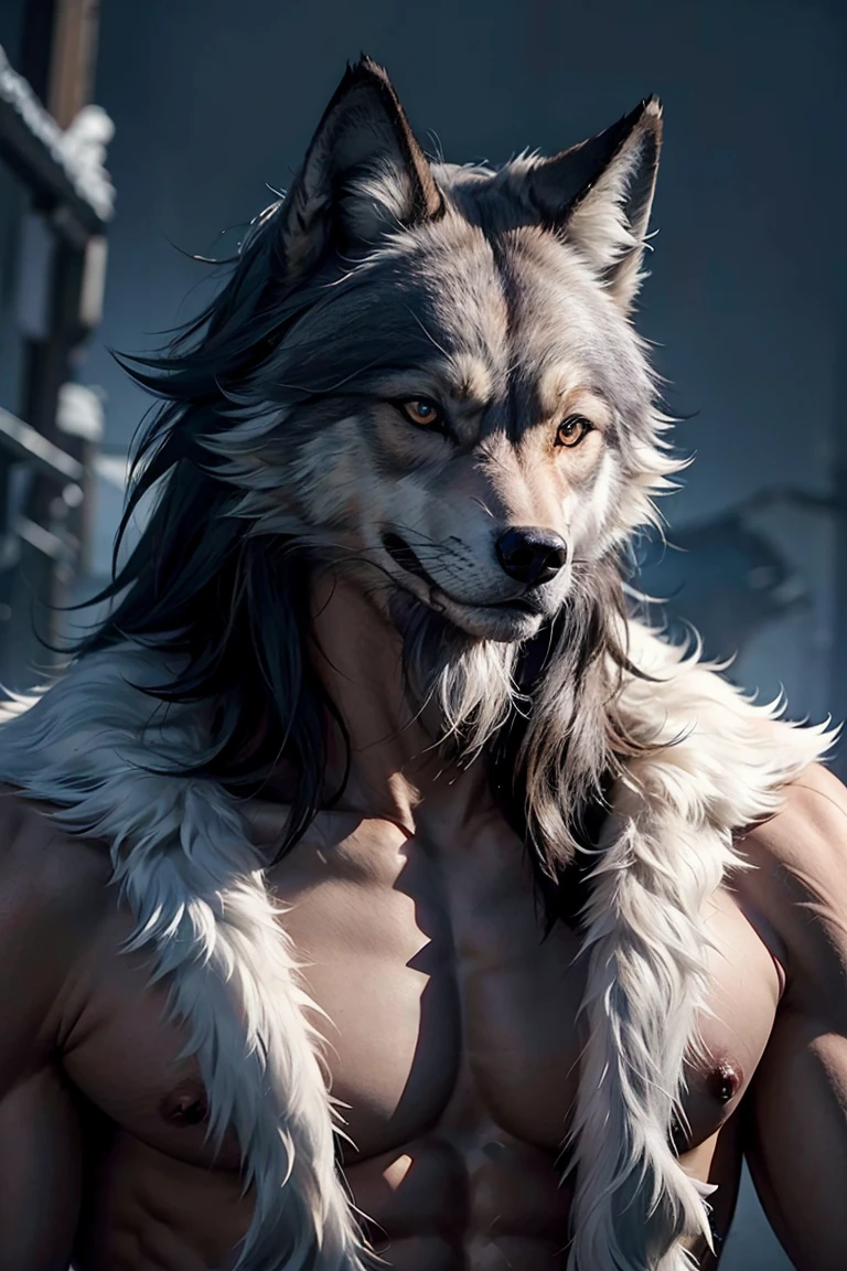 The face is wolf, the wolf body is covered with muscular wolf fur, the body is shaped like a man being