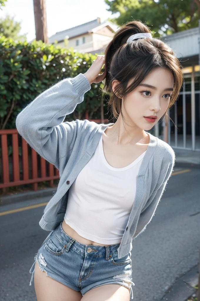 (((best quality))),(((ultra detailed))),(((masterpiece))),illustration,((1 beautiful girl,solo)),((slim,thin)),((small breasts,flat chest)), outside school gate, summer twilight, sunlight,(short ponytail:1.3),(claviclies,cleavage),((white long-sleeved shirt)),((denim shorts)),animated face, excited eyes, sounds of laughter, chatter, excitement of summer vacation, air filled with energy, school gate golden glow, symbol of end of academic year, schoolyard transformed, reunion, farewells, embracing setting sun, face illuminated, moment captured, fleeting instant, essence of summer, carefree spirit, youthful exuberance, embodiment of season, sun dips, rosy glow, joy of living,promise of adventures,((standing,from front,upper body)),(surrounded by crowded crowds:1.3)