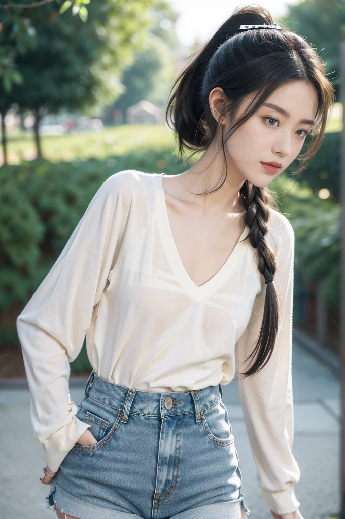 (((best quality))),(((ultra detailed))),(((masterpiece))),illustration,((1 beautiful girl,solo)),((slim,thin)),((small breasts,flat chest)), outside school gate, summer twilight, sunlight,(short ponytail:1.3),(claviclies,cleavage),((white long-sleeved shirt)),((denim shorts)),animated face, excited eyes, sounds of laughter, chatter, excitement of summer vacation, air filled with energy, school gate golden glow, symbol of end of academic year, schoolyard transformed, reunion, farewells, embracing setting sun, face illuminated, moment captured, fleeting instant, essence of summer, carefree spirit, youthful exuberance, embodiment of season, sun dips, rosy glow, joy of living,promise of adventures,((standing,from front,upper body)),(surrounded by crowded crowds:1.3)