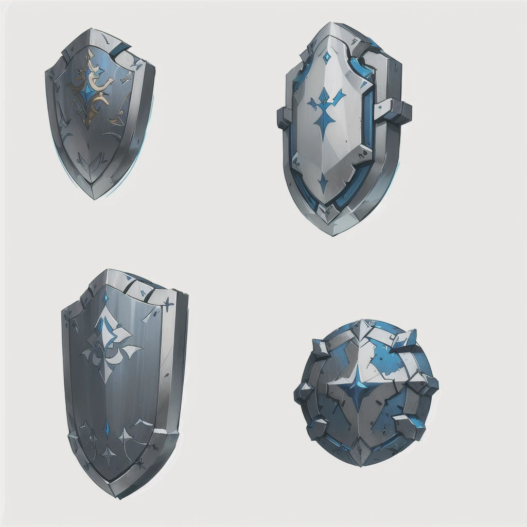 a close up of four shield with different designs on them, shieldデザイン, shield, hard edges Concept Art, Weapon Concept Design, armor elements, Concept Arts, stylized Concept Art, object Concept Art, shield, game Concept Art, ファンタジーshield, weapons Concept Art, RPG Game Items, Weapon Design, Concept Art, Concept Art, Prop Design, Game Assets