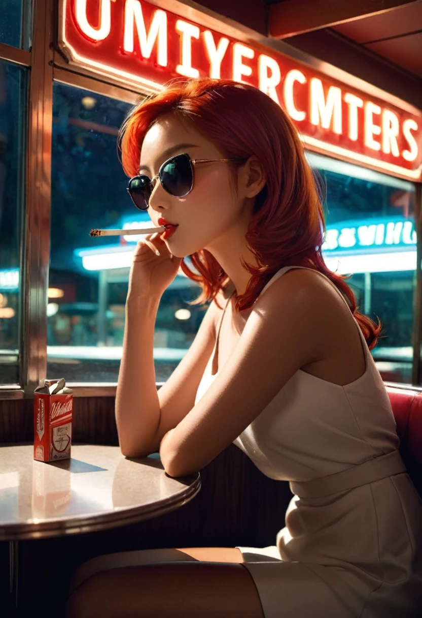 Beautiful redhead Asian girl sitting in a diner at night, Visible from the window, Perfect Face, sunglasses, Smoking white Taylormade cigarettes, Neon Black, (Backlight: 1.1), Hard Shadows, masterpiece, highest quality, Complex, Model shooting style, Vintage, Film Grain, Incomplete details