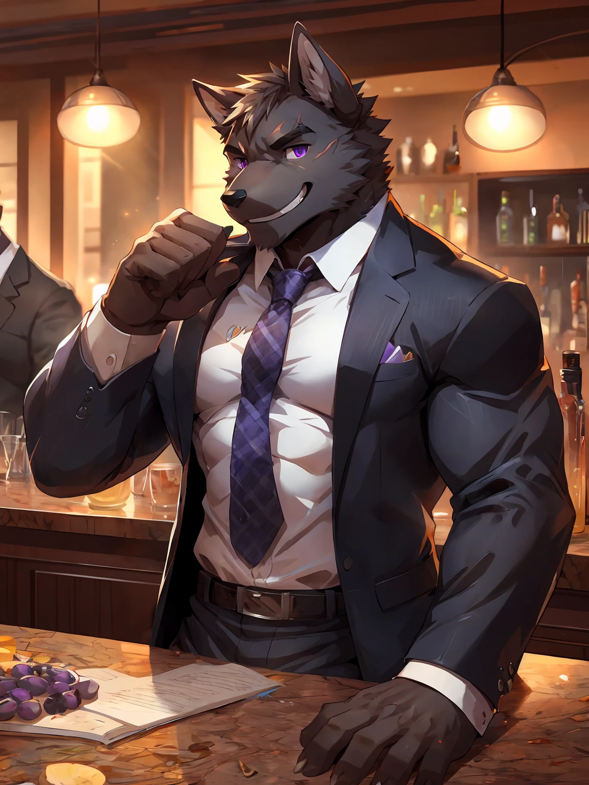 embedding:Black wolf，male, Purple eyes,Scar on the face, Single Person,black fur.The chest and abdomen are white fur.The mob boss,Tattoo,Black suit,At the bar,happy，Smart,Grinning,Adult male,strong,Handsome,Muscular,Tall,Best quality hands, best quality eye，detailed fur，Delicate eyes.Extreme picture quality，by sollyz,by zixiong,by null_ghost