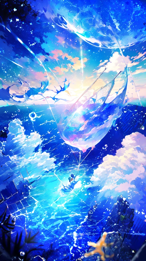 -scenery, 1girl, sky, Star (sky), Highest Resolution、bell、Sunlight from above, Morning, solo,Fine starry sky、balloon、city lights, Starry sky, Fine bubbles、night sky, bubble, watercraft, outdoors, short hair, ocean, Big cloud,coloured glaze,