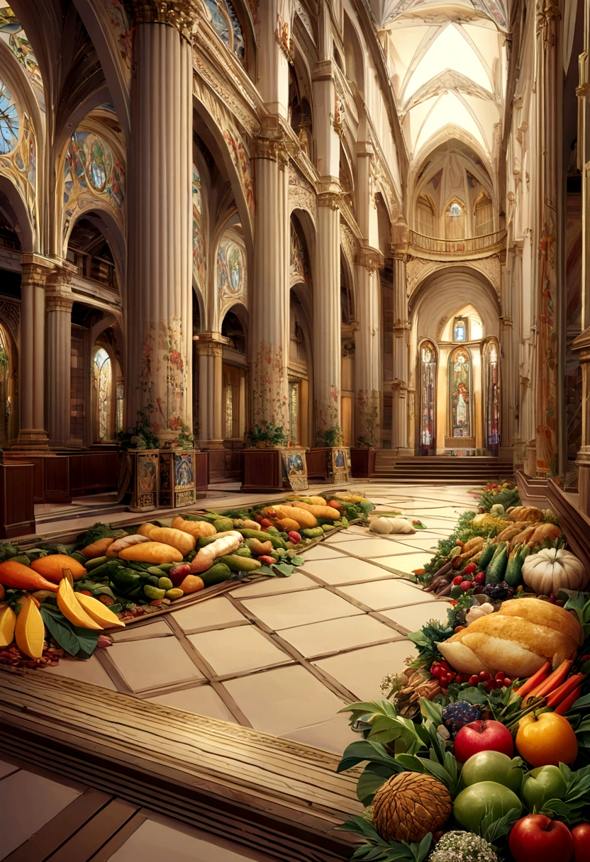 Inspired by the Bible, Imagine the Garden of Eden, In the vision of the painter Leonardo da Vinci, Floor full of food
