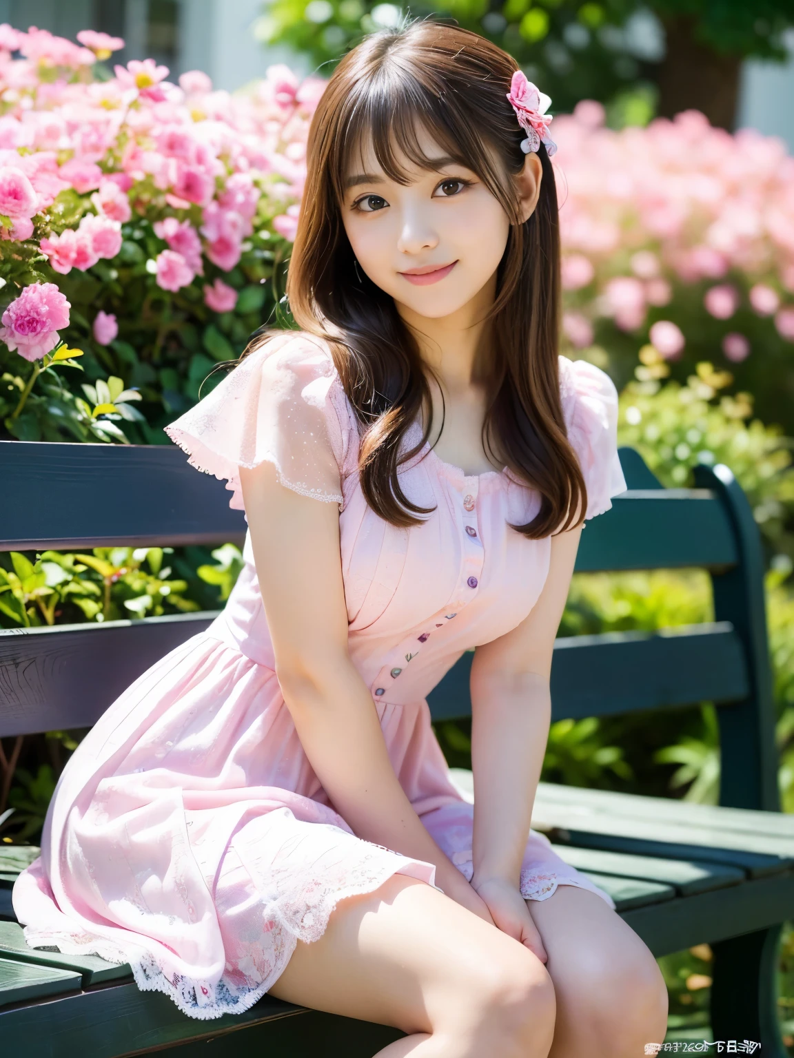 (Best-quality, Masterpiece, Ultra-High-Resolution, (Photorealistic:1.4), Raw Photo, depth of field, professional lighting, perfect anatomy, extremely details), 1girl, -yeld, thost famous Japanese idol, (((sitting on pretty-bench in flower garden))), ((wearing light-pink extremely cute-lacy dress with cute-design)), (extremely cute and extremely childish face like the most popular Japanese idol,((extremely cute and extremely big eyes)), extremely beautiful hair, ((extremely beautiful skins)), extremely cute long-eyelashes, extremely cute lips, extremely cute thighs), (innocent smile)