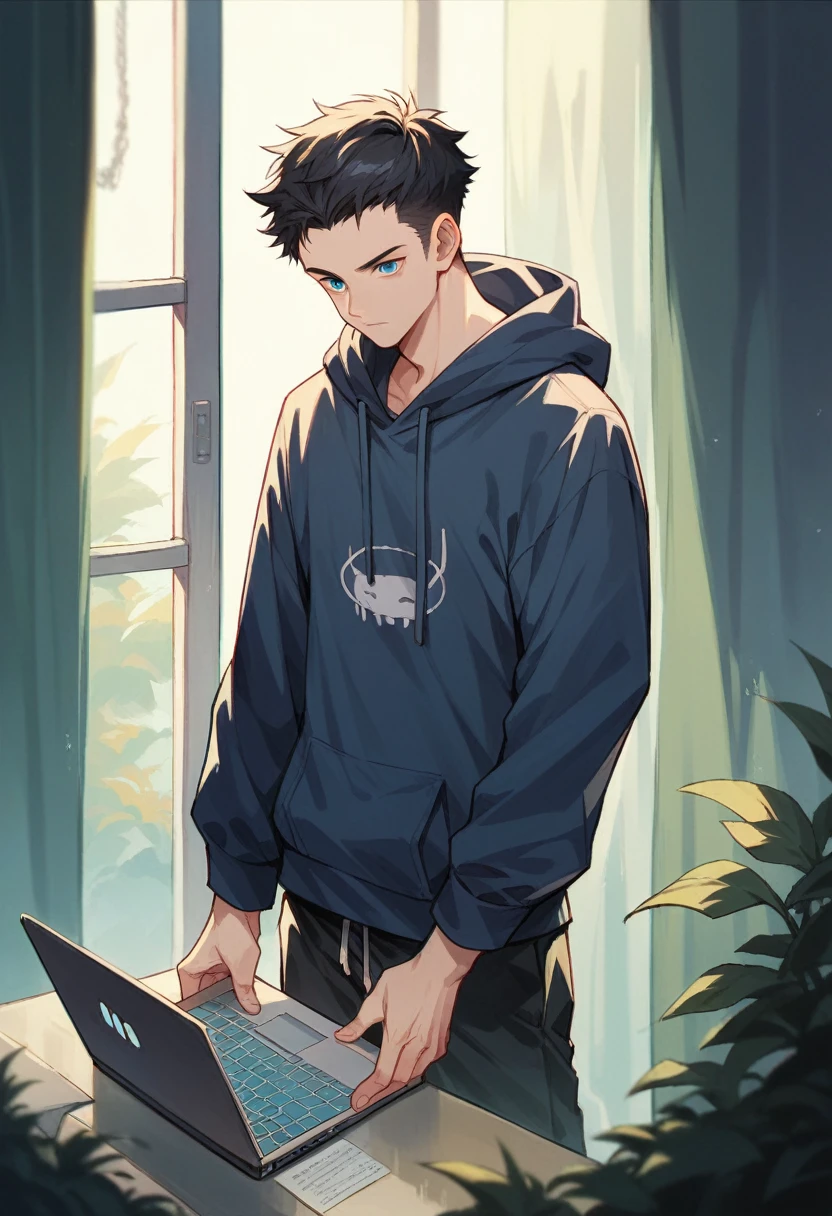 An anime-style cool young man with loosely combed swept back SHORT bluely black hair and visible forehead, sharp blue eyes, in hoodie, standing straight, holding a laptop PC, electronic near-future vibe.