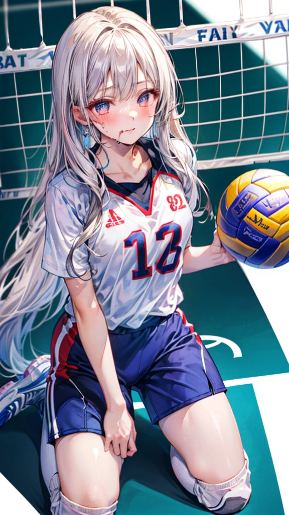 (((masterpiece))), (((best quality))), (((ultra detailed))), (((high-resolution))), ((super fine illustration)), ((Ultimate cutie)), detailed beautiful face,(white hair), shiny hair, ((((gyaru)))), (medium breasts), (((solo))), (((embarrassed expression))), (kneeling down female volleyball player), (((Crotch on the ball))), (sleeveless Volleyball Uniform), knee pad, elbow pad, ((sweat)), ((covered in sweat)), ((fog)), in Volleyball Court, lighting, ((from behind)),(((looking at viewer)))