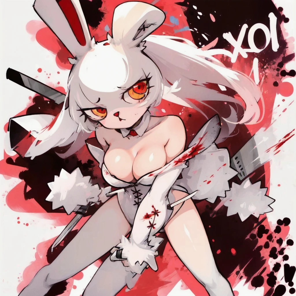 1girl,furry,bunny,single handed knife,blood stain,cartoonized,Bloody Bunny,femilized sexy body,medium breasts,