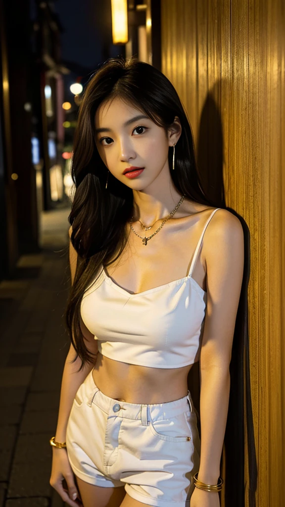 one girl,Beutiful women, In a corner of Kyoto,At night,Wearing a White camisole,Wear white shorts,long hair, wear a golden necklace,Wear silver earrings,Wear a gold bangle,random pose