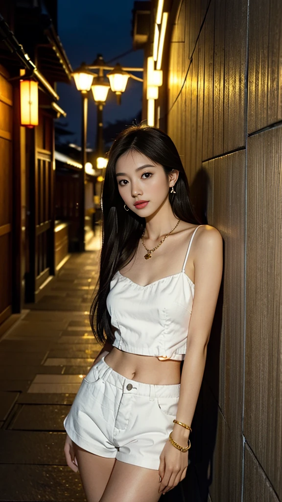 one girl,Beutiful women, In a corner of Kyoto,At night,Wearing a White camisole,Wear white shorts,long hair, wear a golden necklace,Wear silver earrings,Wear a gold bangle