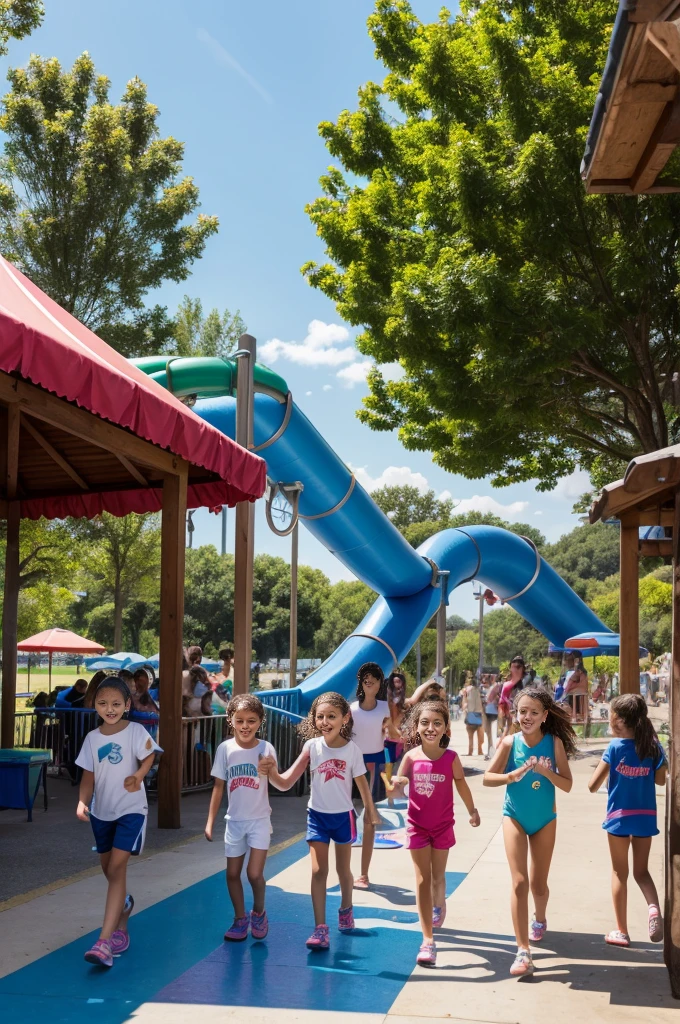 italy. Create a highly realistic scene of a 13 year old Italian girl surrounded by younger children as they enter a water sports center on a sunny day. The group heads towards the entrance, full of excitement and anticipation.
The 13-year-old girl stands at the head of the group, leading them with a cheerful and cheerful attitude. She has shoulder-length brown hair tied in a ponytail and is wearing a bright t-shirt and athletic shorts. Her eyes are wide with excitement as she points to the entrance, encouraging the children to follow her.
The children, aged between 5 and 10, are a mix of boys and girls, all dressed in colorful swimsuits. Their outfits vary in hue, creating a vibrant and dynamic color palette. The children laugh, chat and some enthusiastically point towards the impressive water slides visible in the distance.
The backdrop shows the lively entrance to the water sports centre, with tall, twisting water slides, splash pads and play areas. The entrance is lively, with other visitors and families making their way into the park, adding to the sense of excitement. Banners and signs welcoming guests to the water park help create a festive atmosphere. Bright sunlight illuminates the scene, casting shadows and highlighting the vibrant colors of their clothing and the features of the park.
The scene captures the joyous moment of arrival, with the girl at the forefront leading her group on the adventure, while the younger children express joy and anticipation for the fun that awaits them.