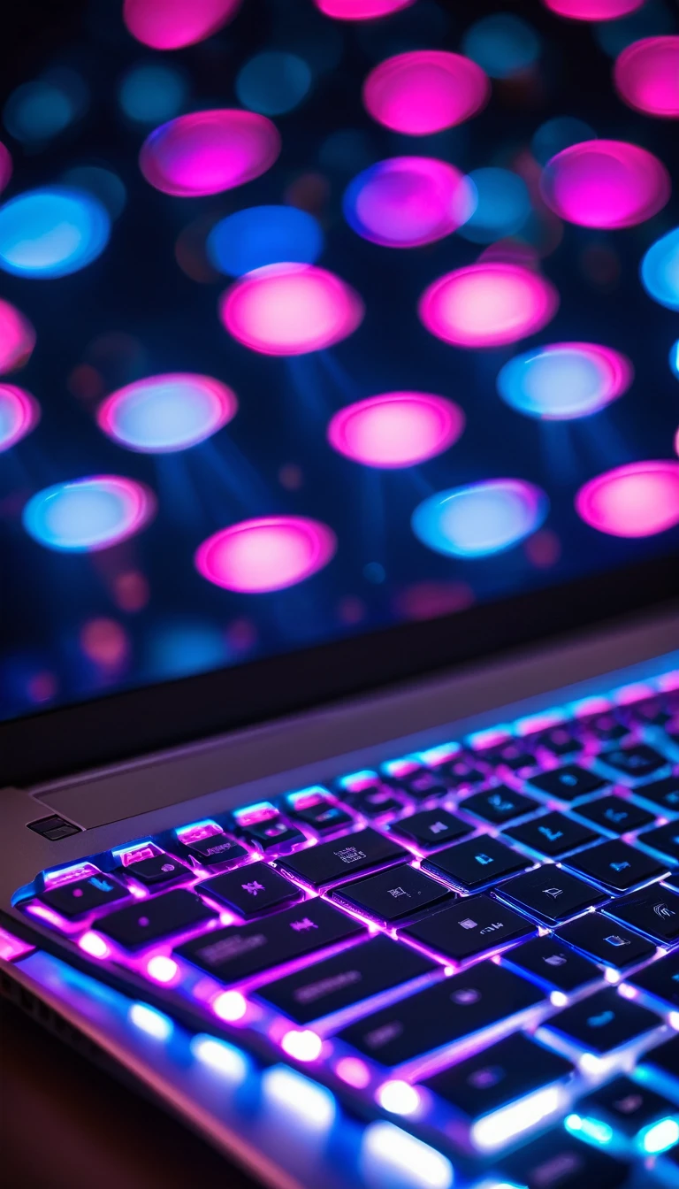 close-up of an open laptop with an illuminated keyboard displaying pink and blue lights. The background has out-of-focus light spots, suggesting a bokeh effect. This image could be relevant for topics related to modern computing, digital work environments, or electronic entertainment setups