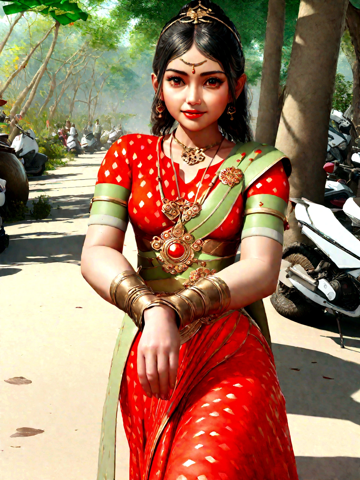 Huge, realistic depiction of Adi Shankara, with a beautiful girl, Blends seamlessly with nature, surrealism, Highly detailed, Photorealistic:1.37, 3D Rendering, Cinematic lighting, Divine light, Very high definition, Craftsmanship:1.2, Textured skin, Top quality , high resolution