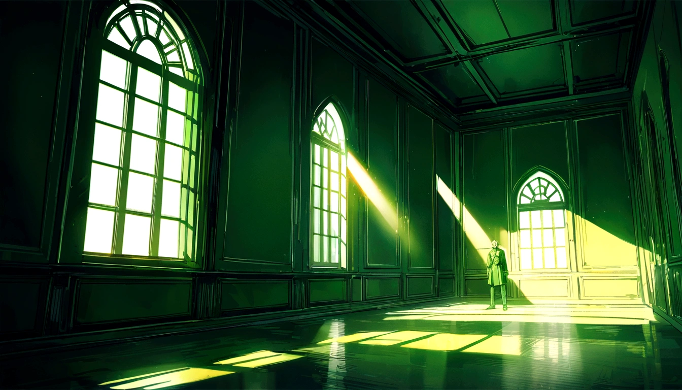 A man standing near a window in the centre of a empty room, light rays falling on him and light rays falling on the room floor,digital art, green theme, detailed,textured,high quality,4k