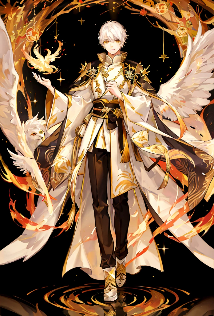 A white-haired boy, dressed in emperor's clothes, was looking in love, surrounded by phoenixes, yellow eyes, shimmering blurry image, super bright picture, magical shimmering colors, blurred effect, panoramic view from afar