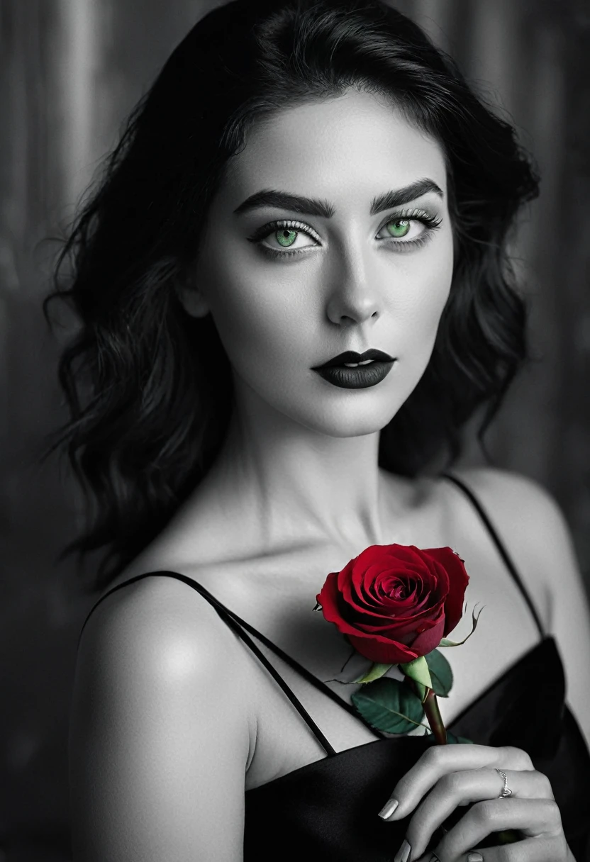 black and white, a woman with green eyes, flawless skin, half body shot, holding a dark red rose, whimsical photography style, captured with an Arriflex 35BL camera using Canon K25 prime lenses, cinematic, dramatic lighting, ultra clear, breathtaking surreal masterpiece.