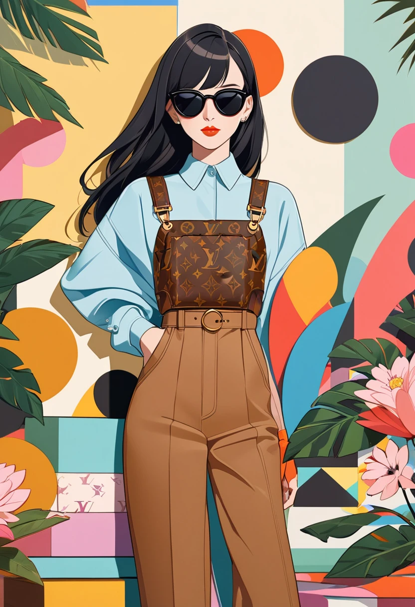 Vivid fashion illustrations of women wearing Louis Vuitton clothing, Including flowers, Leaves, and geometric shapes, Standing in front of an abstract background，Reflecting their whimsical sense of fashion. They wear sunglasses，Feel confident when posing in front of the camera. The overall atmosphere is lively and colorful, Capture the essence of high-end luxury brand style. John Holcroft&#39;s style.