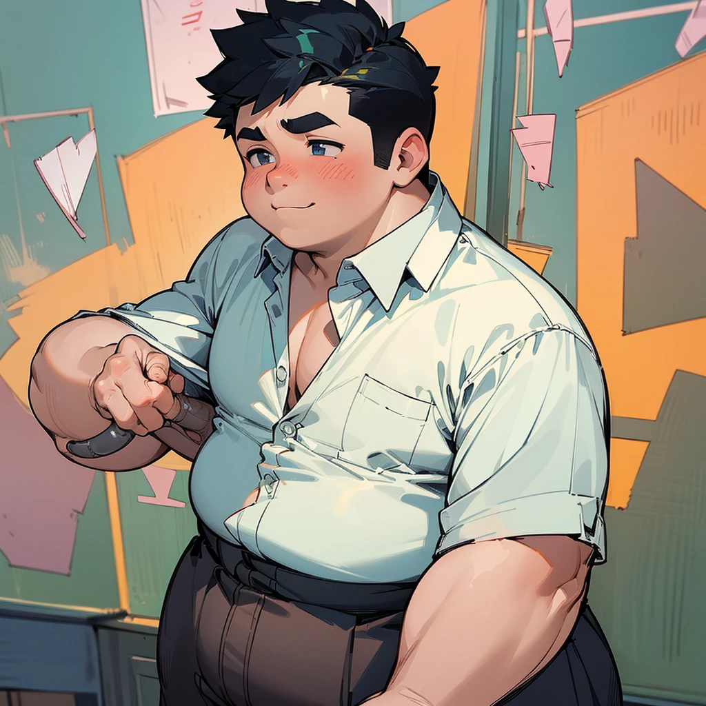 (((Fat high school boy)))，((Embarrassed expression))，((The shirt is unbuttoned on the upper half,Lower body naked))，classroom，Spread your legs wide，Huge penis，He's ejaculating，Huge penis,Correct body structure,masterpiece,Highest quality