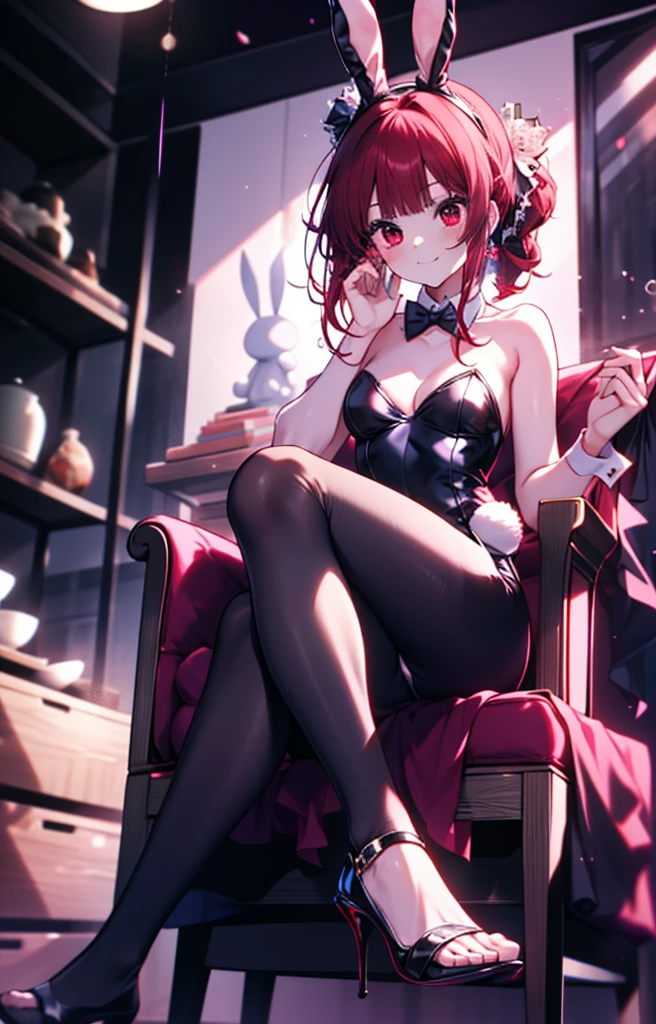 Arima Kana, (Red eyes:1.5), Bob Hair,smile,Redhead,Small breasts,(Bunny girl:1.5),(Black Playboy Bunny:1.0),Bunny ears headband,Fishnet tights,Stiletto heels,sitting cross-legged on a chair,whole bodyがイラストに入るように
break looking at viewer,whole body,
break indoors, stage,
break (masterpiece:1.2), Highest quality, High resolution, unity 8k wallpaper, (shape:0.8), (Beautiful and beautiful eyes:1.6), Highly detailed face, Perfect lighting, Extremely detailed CG, (Perfect hands, Perfect Anatomy),