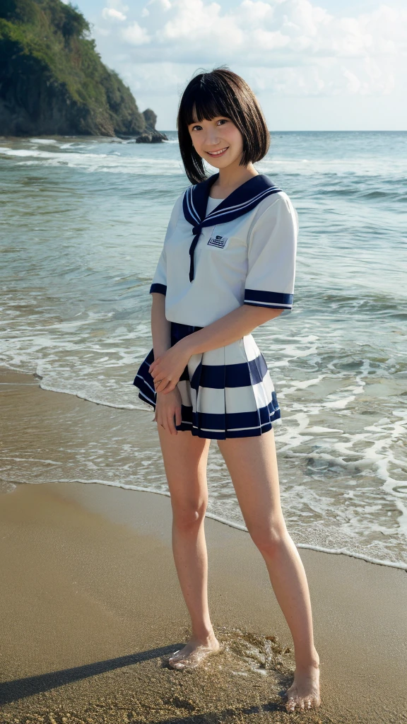 (((Ultra-high resolution、Every detail countasterpiece:1.4)))、The seaside dyed in the sunset、Playing in the water alone、Cute Japanese 、Straight black hair up to the shoulders、Bangs cut above the eyes、Wearing traditional Japanese uniform、Sailor top with white collar and navy blue lines、Wearing a navy blue pleated skirt、A red scarf on the chest of the top、楽しそうにsmileを浮かべ、Playing alone on the beach、The sleeves of the uniform were rolled up to the elbows.、The hem of my skirt is also a little wet.、barefoot、Her little white feet bounce a little every time they touch the sand and water.、There&#39;s sand on my toes、They enjoy the feeling of sand every time the water subsides.、Scooping up seawater with your hands and throwing it back into the waves、The expansive blue sea and sandy beach、Beautiful sky dyed in sunset、A small island in the distance々、There are small shells and driftwood on the shore.、School bag on the sand、Shoes and socks neatly arranged、Relaxing after school、Fun memories at the end of summer、Female in her late teens、Portraiture、Blurred cityscape at dusk、Silhouette of buildings and street lights Long dark brown hair、natural wavy curls、The wind is blowing softly、Hair falls down the side of the face、Skin is smooth、Healthy olive color、The tan lines are faintly visible、Natural redness on the cheeks、I have a few small laugh lines on my forehead.、Eyes with dark brown irises、The pupil is shining, Reflect light、Long curled eyelashes、Accentuate the eyes、Eyebrows are thin and trimmed、Natural Arch、Small Nose、straight、straight nose、lips are plump、soft pink lip gloss、Ultra-thin camisole、Barefoot and bare legs、A simple silver bracelet on her right wrist、A small diamond earring sparkles in her left ear...、The expression is calm、Be confident、smile、(((Emphasize the contrast between light and shadow)))、Realistic textures and facial details