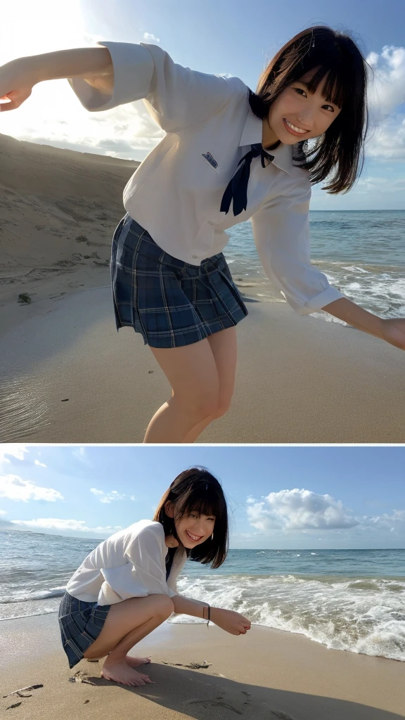(((Ultra-high resolution、Every detail countasterpiece:1.4)))、The seaside dyed in the sunset、Playing in the water alone、Cute Japanese 、Straight black hair up to the shoulders、Bangs cut above the eyes、Wearing traditional Japanese uniform、Sailor top with white collar and navy blue lines、Wearing a navy blue pleated skirt、A red scarf on the chest of the top、楽しそうにsmileを浮かべ、Playing alone on the beach、The sleeves of the uniform were rolled up to the elbows.、The hem of my skirt is also a little wet.、barefoot、Her little white feet bounce a little every time they touch the sand and water.、There's sand on my toes、They enjoy the feeling of sand every time the water subsides.、Scooping up seawater with your hands and throwing it back into the waves、The expansive blue sea and sandy beach、Beautiful sky dyed in sunset、A small island in the distance々、There are small shells and driftwood on the shore.、School bag on the sand、Shoes and socks neatly arranged、Relaxing after school、Fun memories at the end of summer、Female in her late s、Portraiture、Blurred cityscape at dusk、Silhouette of buildings and street lights Long dark brown hair、natural wavy curls、The wind is blowing softly、Hair falls down the side of the face、Skin is smooth、Healthy olive color、The tan lines are faintly visible、Natural redness on the cheeks、I have a few small laugh lines on my forehead.、Eyes with dark brown irises、The pupil is shining, Reflect light、Long curled eyelashes、Accentuate the eyes、Eyebrows are thin and trimmed、Natural Arch、Small Nose、straight、straight nose、lips are plump、soft pink lip gloss、Ultra-thin camisole、Barefoot and bare legs、A simple silver bracelet on her right wrist、A small diamond earring sparkles in her left ear...、The expression is calm、Be confident、smile、(((Emphasize the contrast between light and shadow)))、Realistic textures and facial details