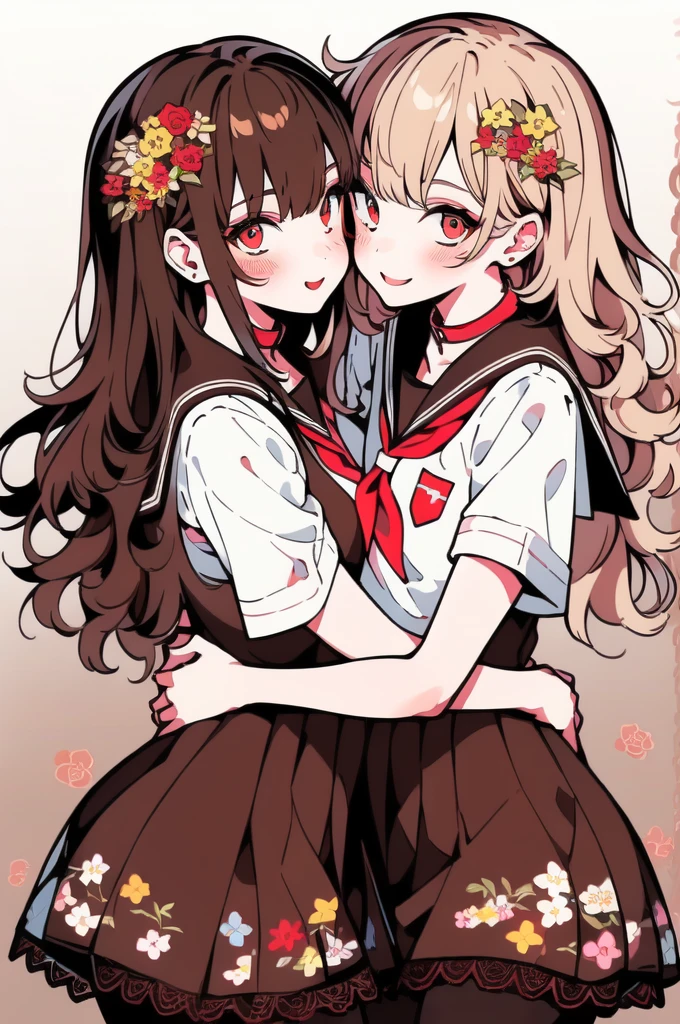 ((YURI)), Multiple Girls, (((2Girls))), ((Brown Hair Gril, Short Hair)), ((Blonde Hair Girl, Wavy Hair)), (((Two Friendly Girls:1.4))), ((Hug)), (Symmetrical Posture, Cheek-to-Cheek:1.4), ((Smile)), Perfect Face, BREAK;
(MakeUp, Red Eyeliner), ((School Uniform, Sailor Suit, Collar, White Shirts, Short Sleeve, Red Neckerchief)), ((School, Skirt)), (Brown Lace Pantyhose, Lace:1.5), Thighs:1.1, (Brown Loafers), Slender Body, ((Small Breasts:1.4)), Red Nails,
BREAK;
(8K, Best Quality, Ultra Detailliert, Highres, Absurdres, Perfect Anatomy, Masterpiece), Strong Outline, Five Fingers, (Blush), ((Posed Photo:1.3)), ((Wide-Angle Photo:1.3)), Dutch Angle, ((White BackGround, Floral Print:1.5, Flower BackGround:1.3, Floral BackGround:1.3)),
